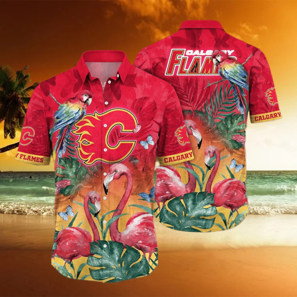 NHL Calgary Flames Hawaiian Shirt Pink Flamingo And Palm Leaves Beach Lovers Gift hawaiian shirt - Limotees