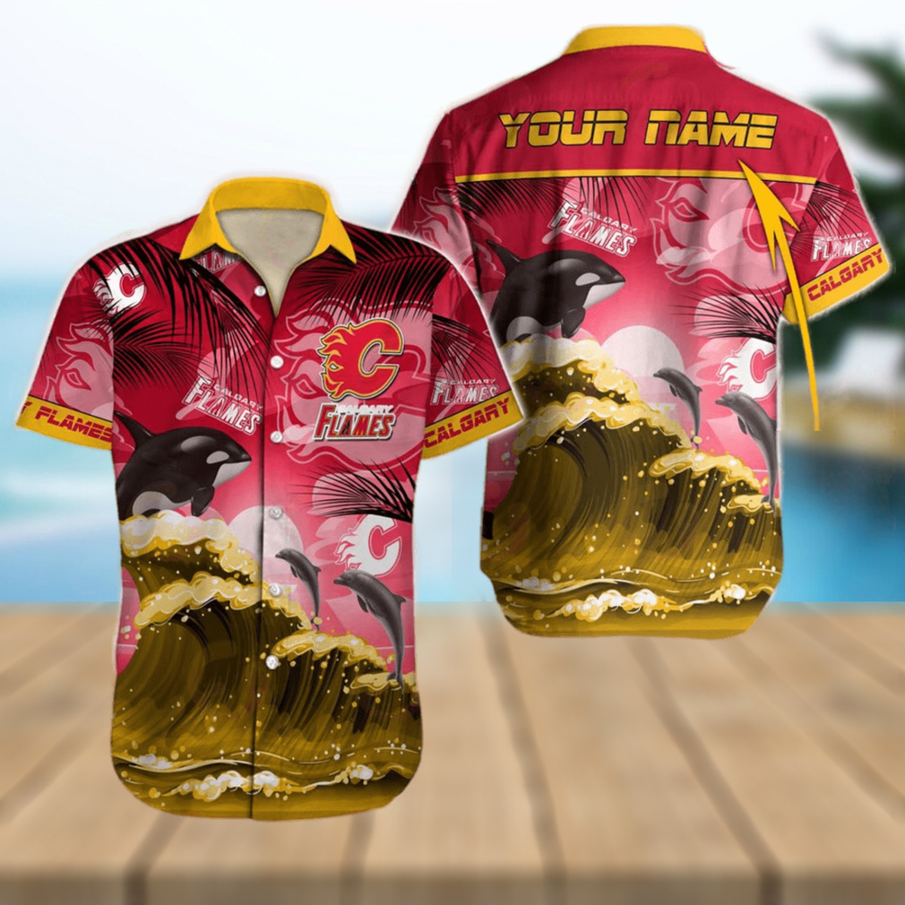 NHL Calgary Flames Special Hawaiian Design With Dolphins And Waves Button Shirt - Limotees