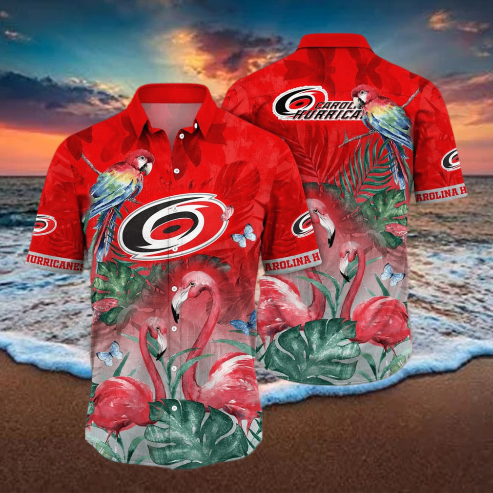 NHL Carolina Hurricanes Hawaiian Shirt Pink Flamingo And Palm Leaves - Limotees