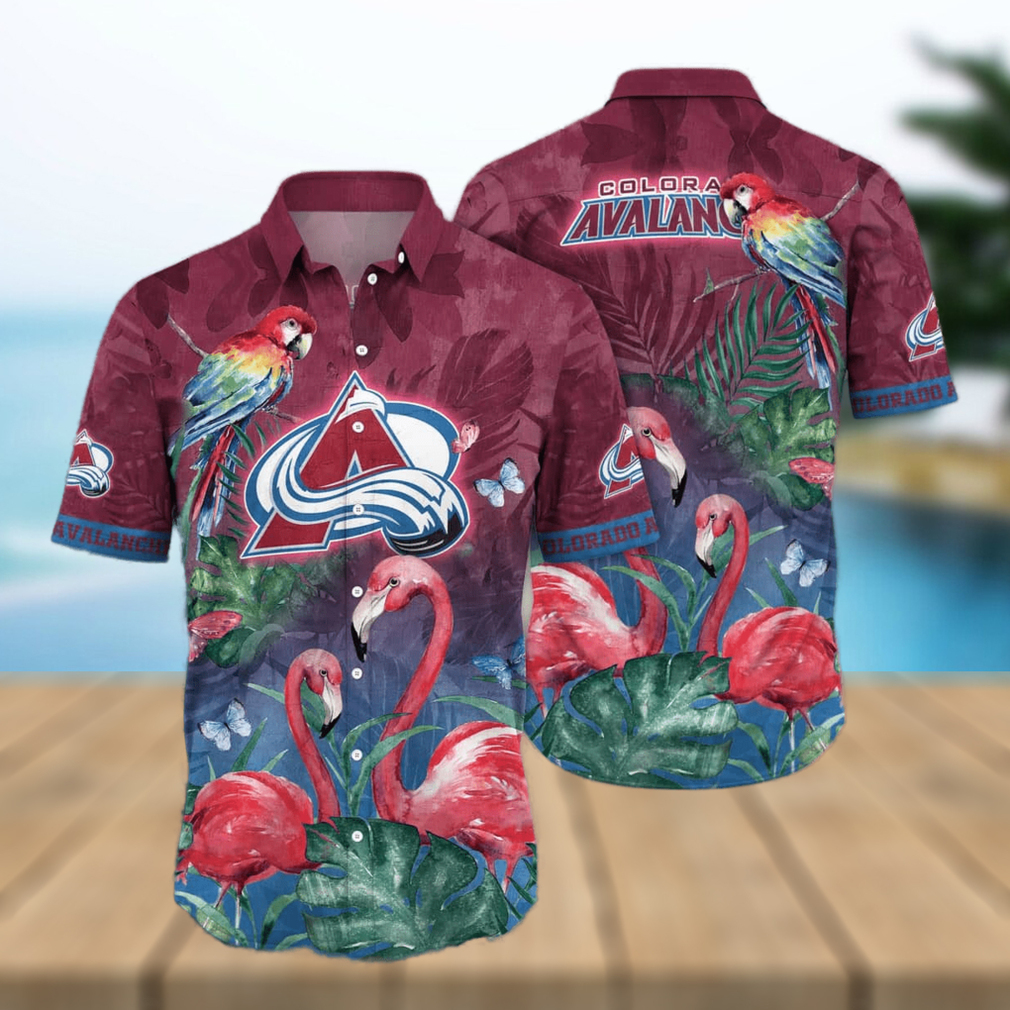 NHL Colorado Avalanche Hawaiian Shirt Flamingo And Palm Leaves Gift For Beach Vacation hawaiian shirt - Limotees