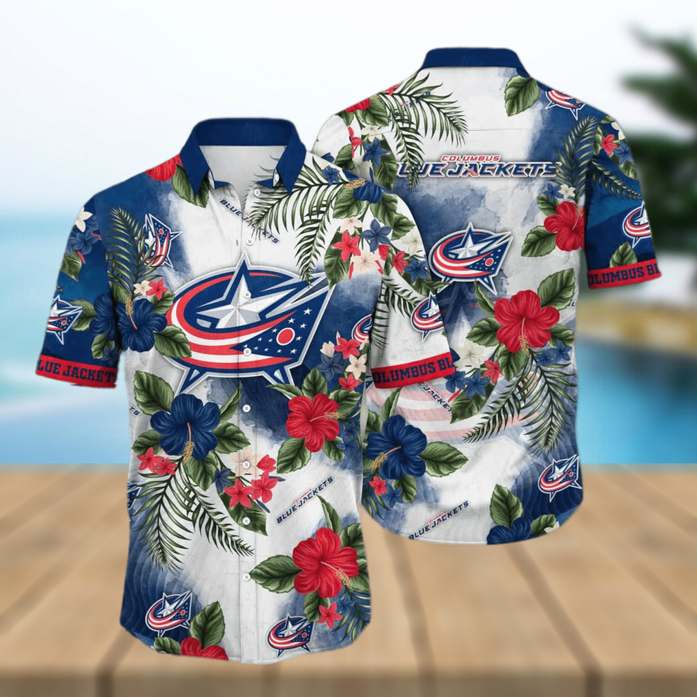 NHL Columbus Blue Jackets Hawaiian Shirt Hibiscus Flowers Pattern hawaiian shirt - Limotees