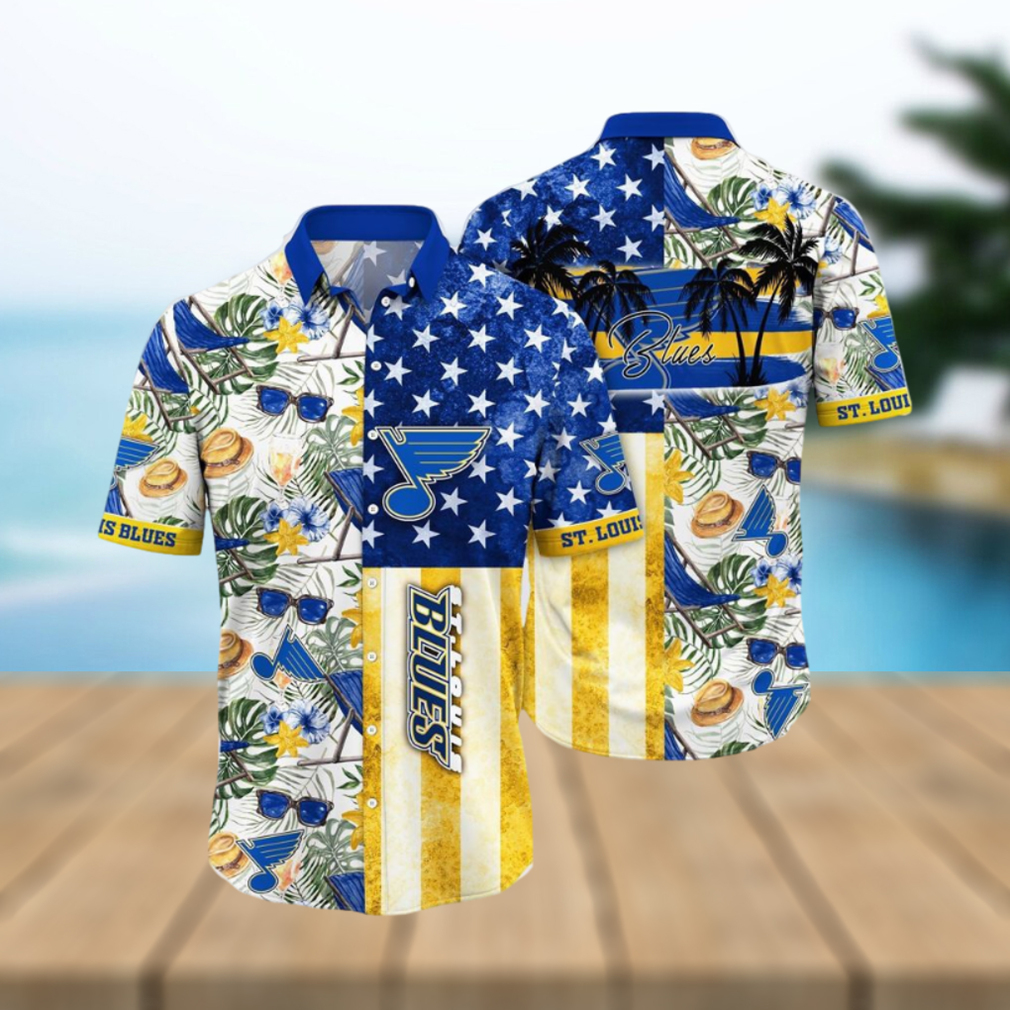 NHL St. Louis Blues Hawaiian Shirt Tropical Hat And Glasses Pattern Summer Hawaiian Shirt - Limotees