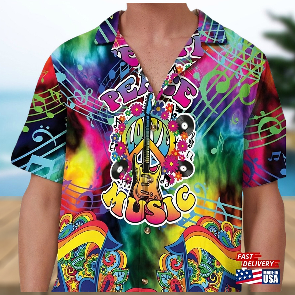 Peace Love Music Hippie Button Up Shirt Guitar Lover Colorful Hawaiian Boho - Limotees