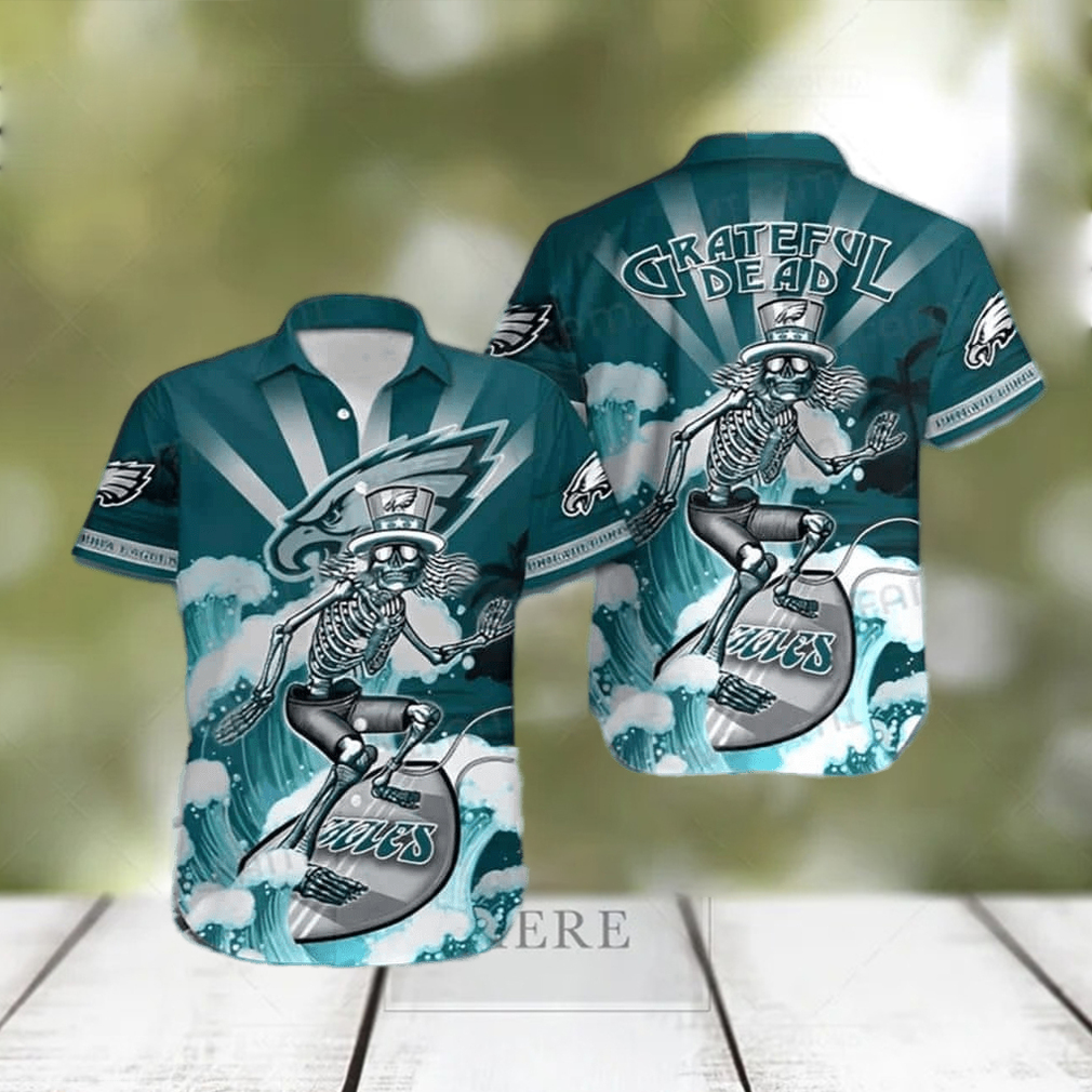 Philadelphia Eagles Grateful Dead Skeleton Surfing Hawaiian Shirt - Limotees