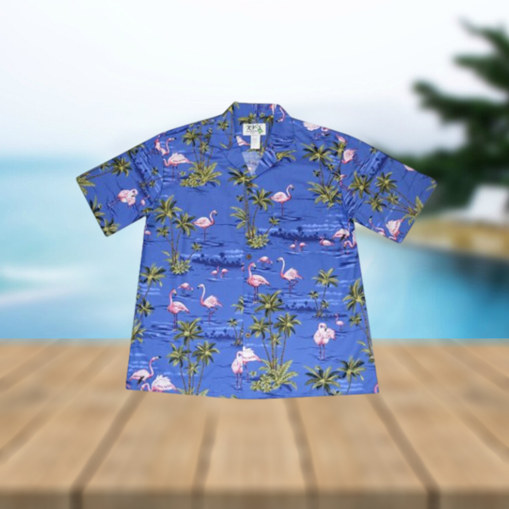 Pink Flamingo Island Blue Cotton Poplin Men's Hawaiian Shirt - Limotees