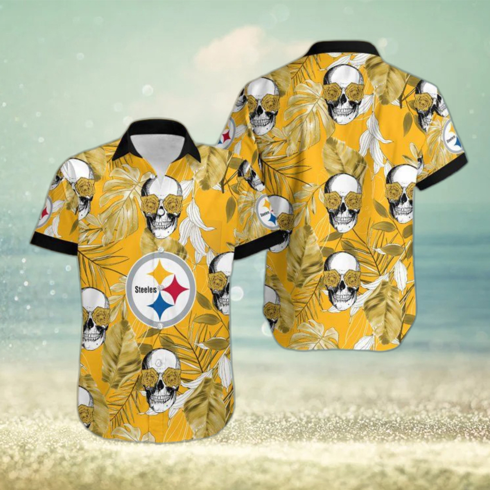 Pittsburgh Steelers Coconut Leaves Skull With Rose Eyes Hawaiian Shirt Gift For Halloween - Limotees