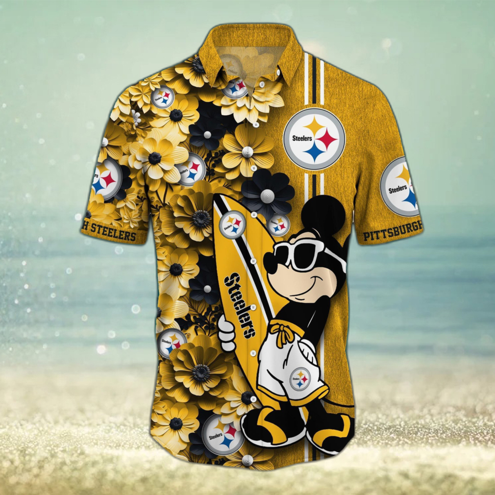 Pittsburgh Steelers Surfboard Parttern Mickey Mouse Flower Hawaiian Shirt - Limotees