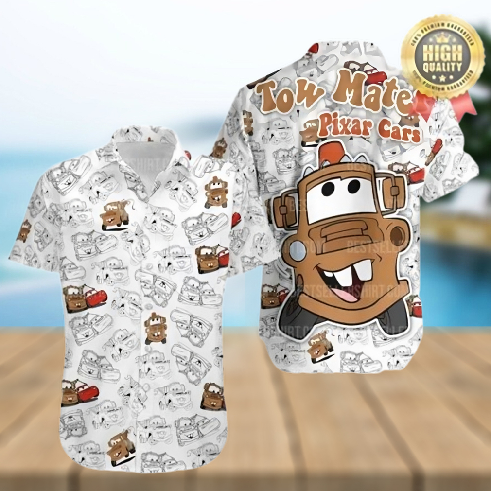 Pixar Cars White Brown Pattern Tow Matter Disney Hawaiian Shirt - Limotees