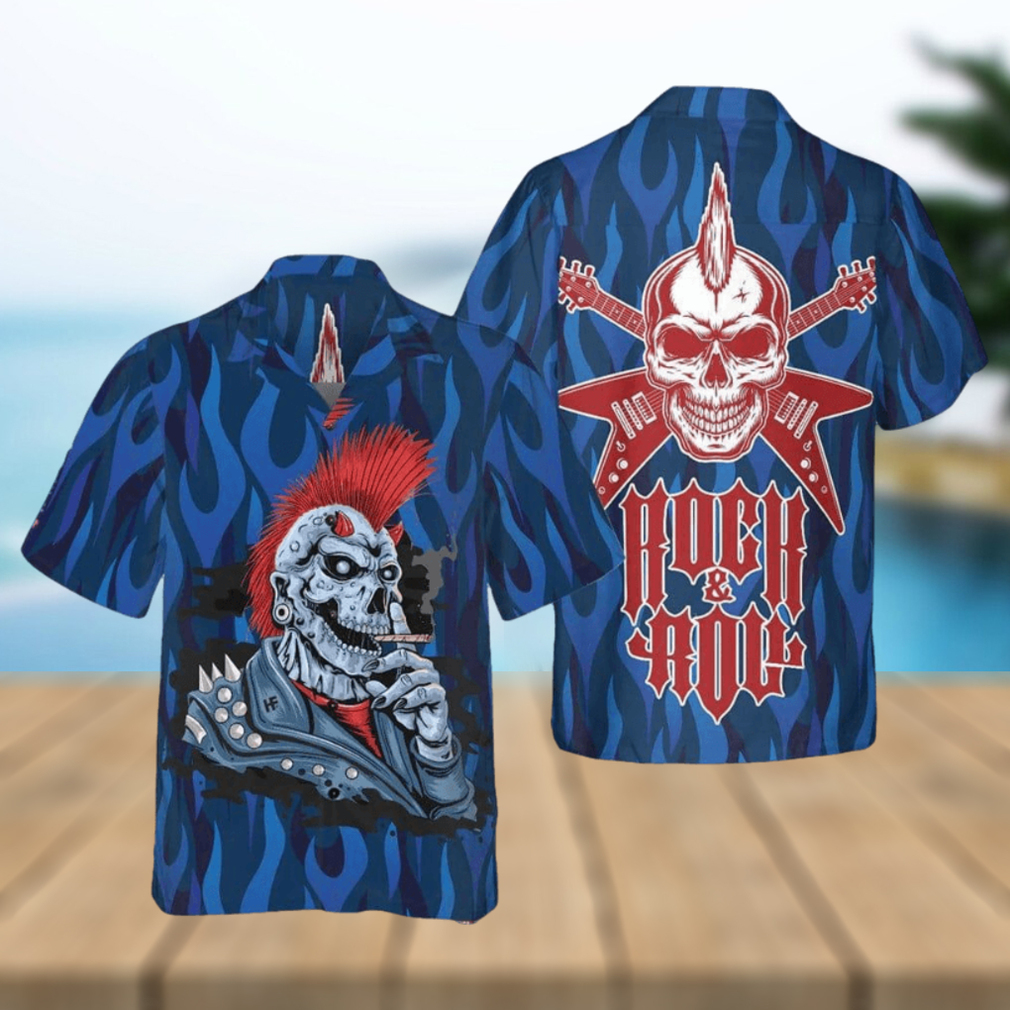 Punk Rock Skull Electric Guitar Hawaiian Shirt Short Sleeve Button Up Gifts For Male Gift Halloween - Limotees