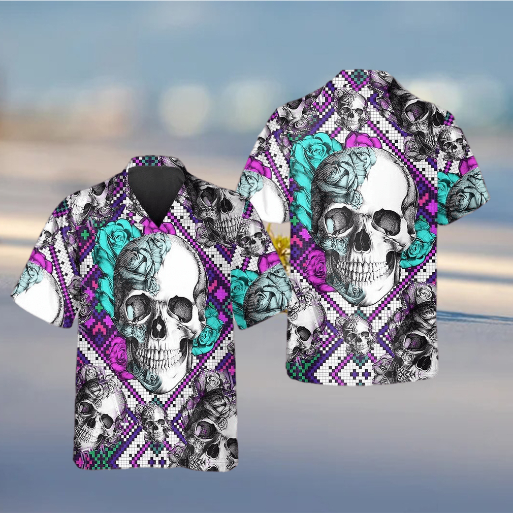 Purple And Teal Aztec Rose Skull Hawaiian Shirt - Limotees