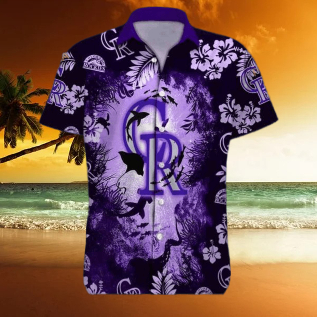 Purple Ocean MLB Colorado Rockies Funny Hawaiian Shirt Hammerhead Sharks And Flowers - Limotees