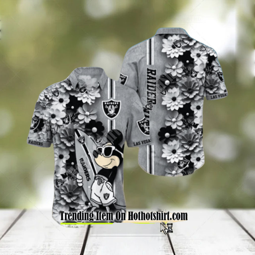 RAIDERS SKULL AND MICKEY SURFING A FASHIONABLE STATEMENT FOR THE MODERN BEACH BUM HAWAIIAN SHIRT - Limotees