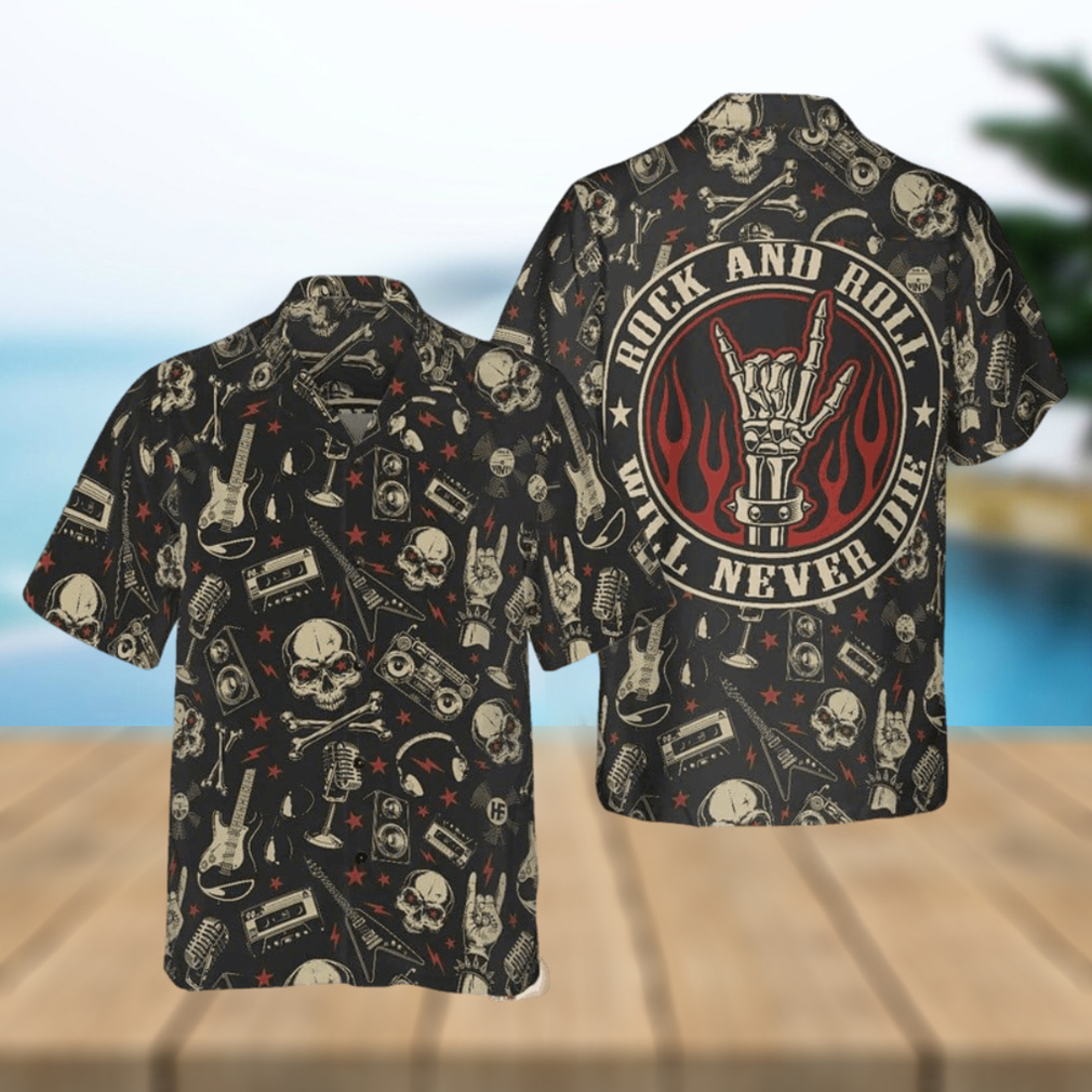 Rock And Roll Will Never Die Hawaiian Shirt Electric Guitar Skull And Crossbones Apparel Men’s Gift Halloween - Limotees