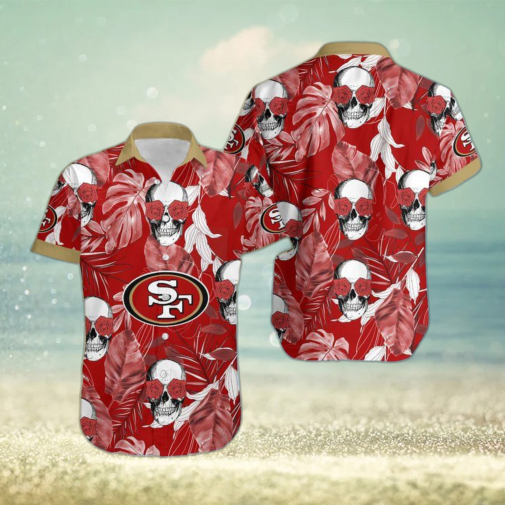 San Francisco 49ers Coconut Leaves Skull With Rose Eyes Hawaiian Shirt Gift For Halloween - Limotees