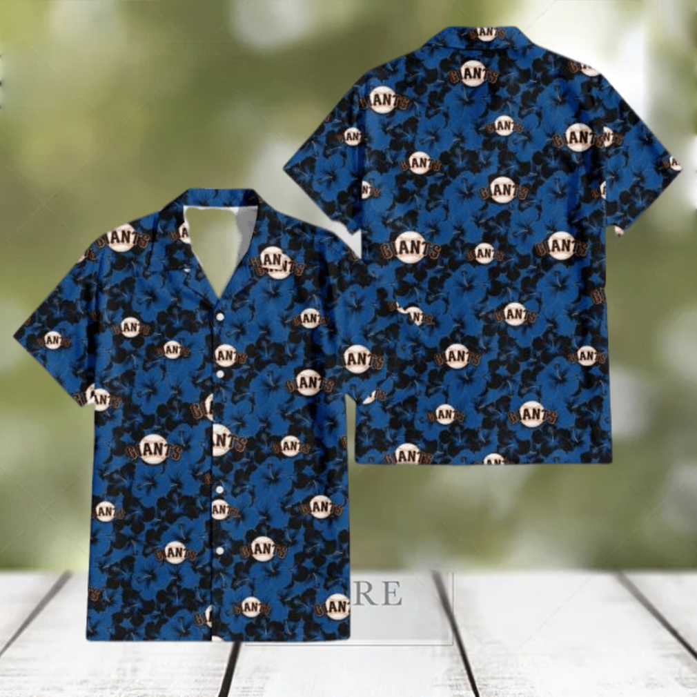 San Francisco Giants Black Dark Blue Hibiscus Black Background 3D Hawaiian Shirt Gift For Fans - Limotees