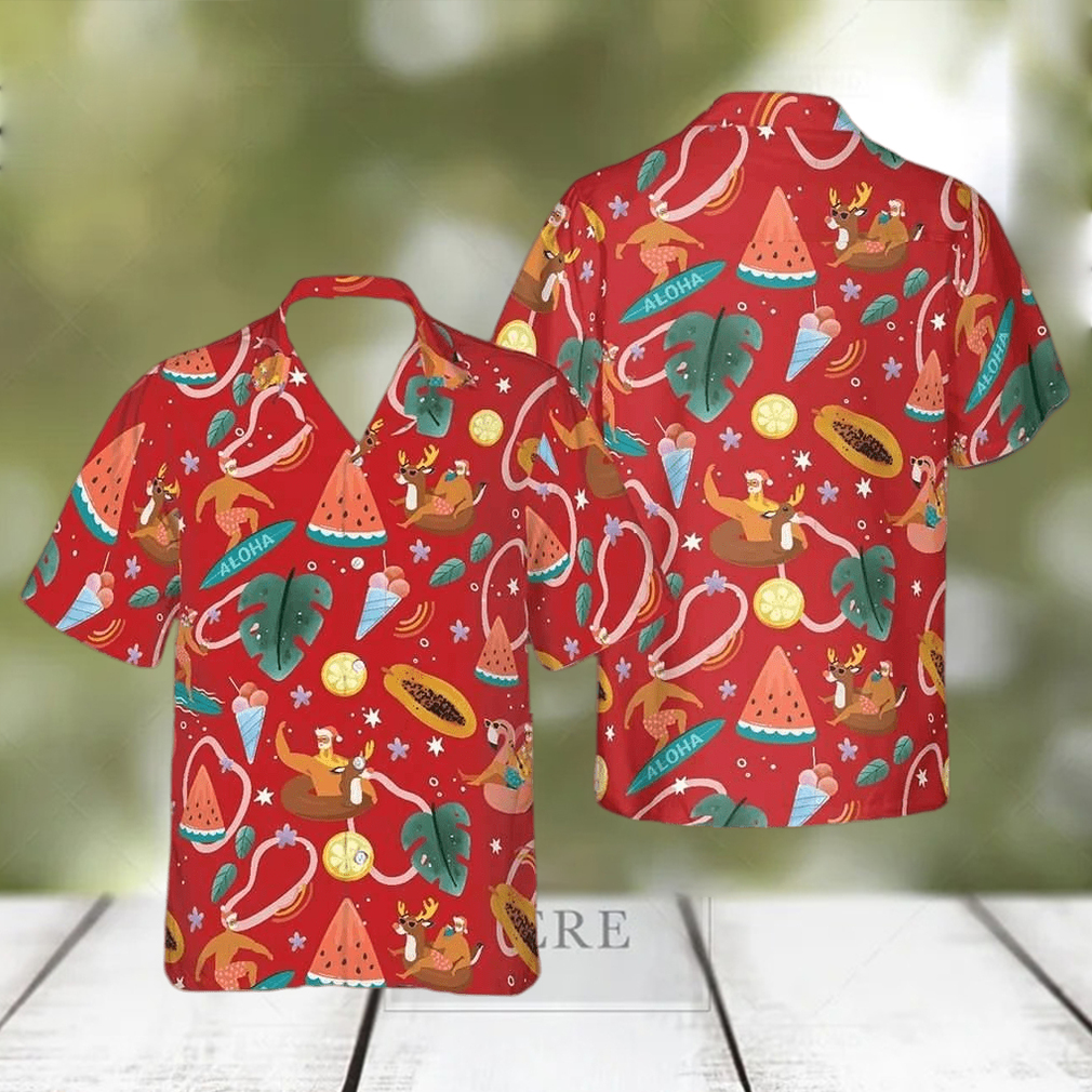 Santa Surfing Pattern Hawaiian Shirt Christmas Ideas Red Button Up Shirt Summer Themed Gifts - Limotees