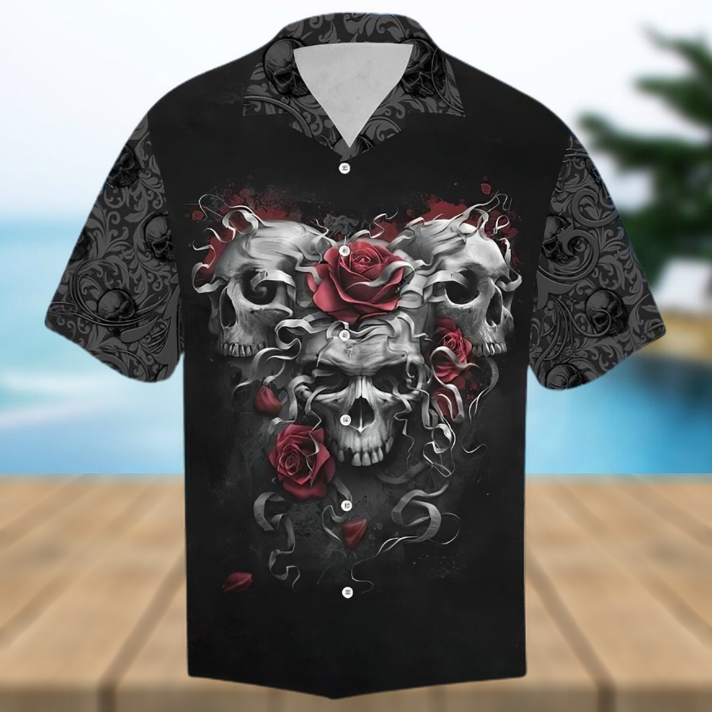 Scary Trio Skull Red Roses Aloha Hawaiian Shirt Colorful Short Sleeve Summer Beach Casual Shirt - Limotees