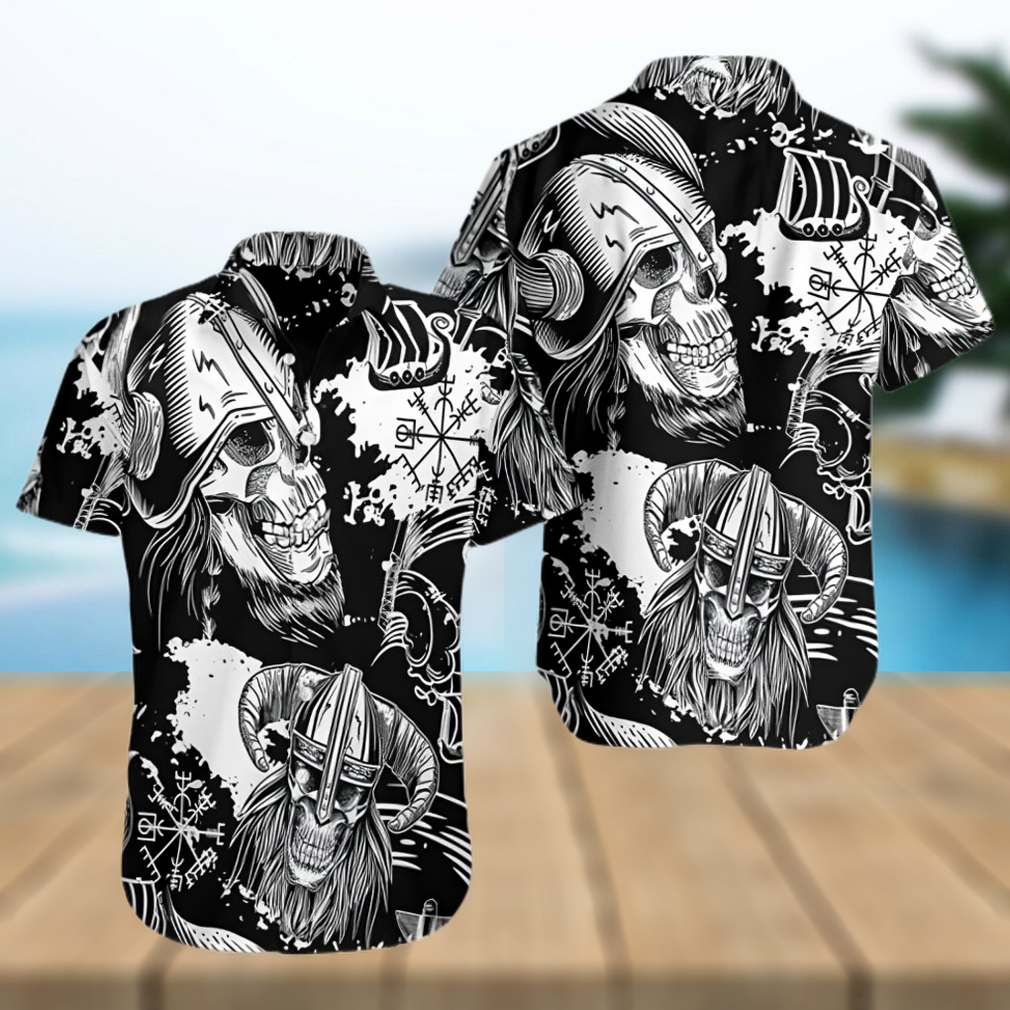 Seamless Pattern Skull In Viking Helmets Viking Ship And Vegvisir Hawaiian Shirt - Limotees