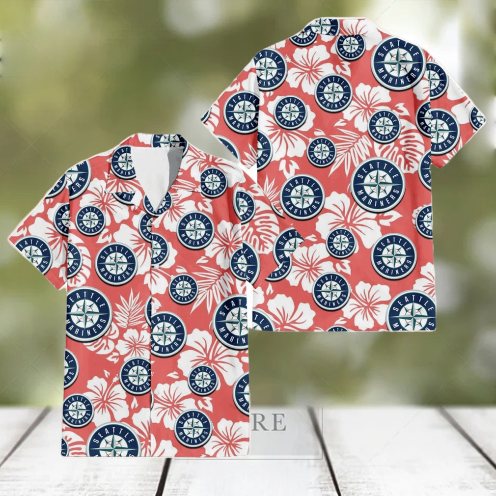 Seattle Mariners White Hibiscus Salmon Background 3D Hawaiian Shirt Gift For Fans - Limotees