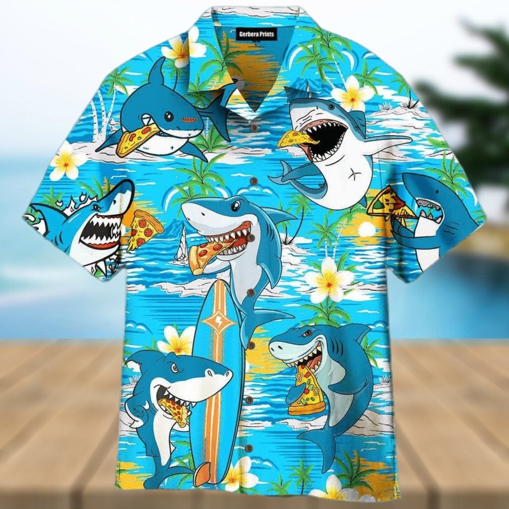 Shark Eating Pizza Blue Aloha 3D Hawaiian Shirt Gift For Men And Women - Limotees