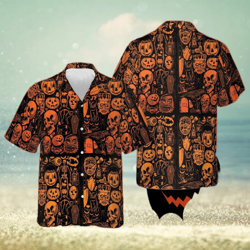 Skull Pumpkin Halloween Hawaiian Shirt Horror Themed Halloween Mens - Limotees