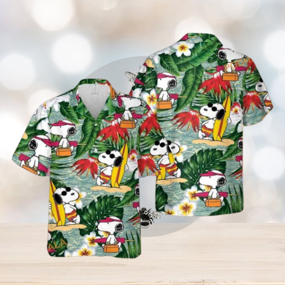 Snoopy Dog Surfing Pattern Floral Hawaiian Adult Shirt - Limotees