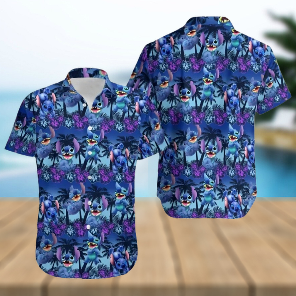 Stitch Cute Blue Purple Hibiscus Floral Coconut Tree Disney Cruise 2023 Disney Hawaiian Shirt - Limotees