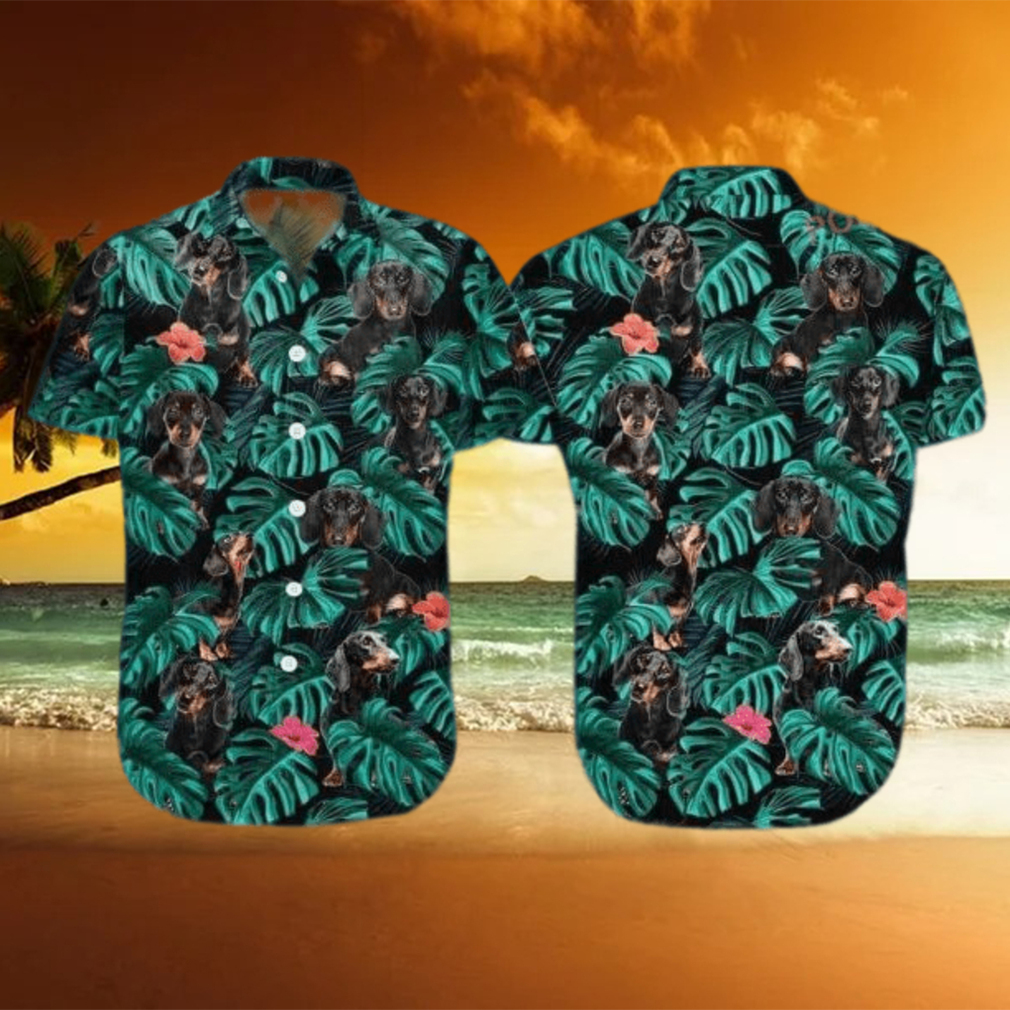 Summer Aloha Dachshund Funny Hawaiian Shirt Palm Leaves Pattern On Dark Theme - Limotees