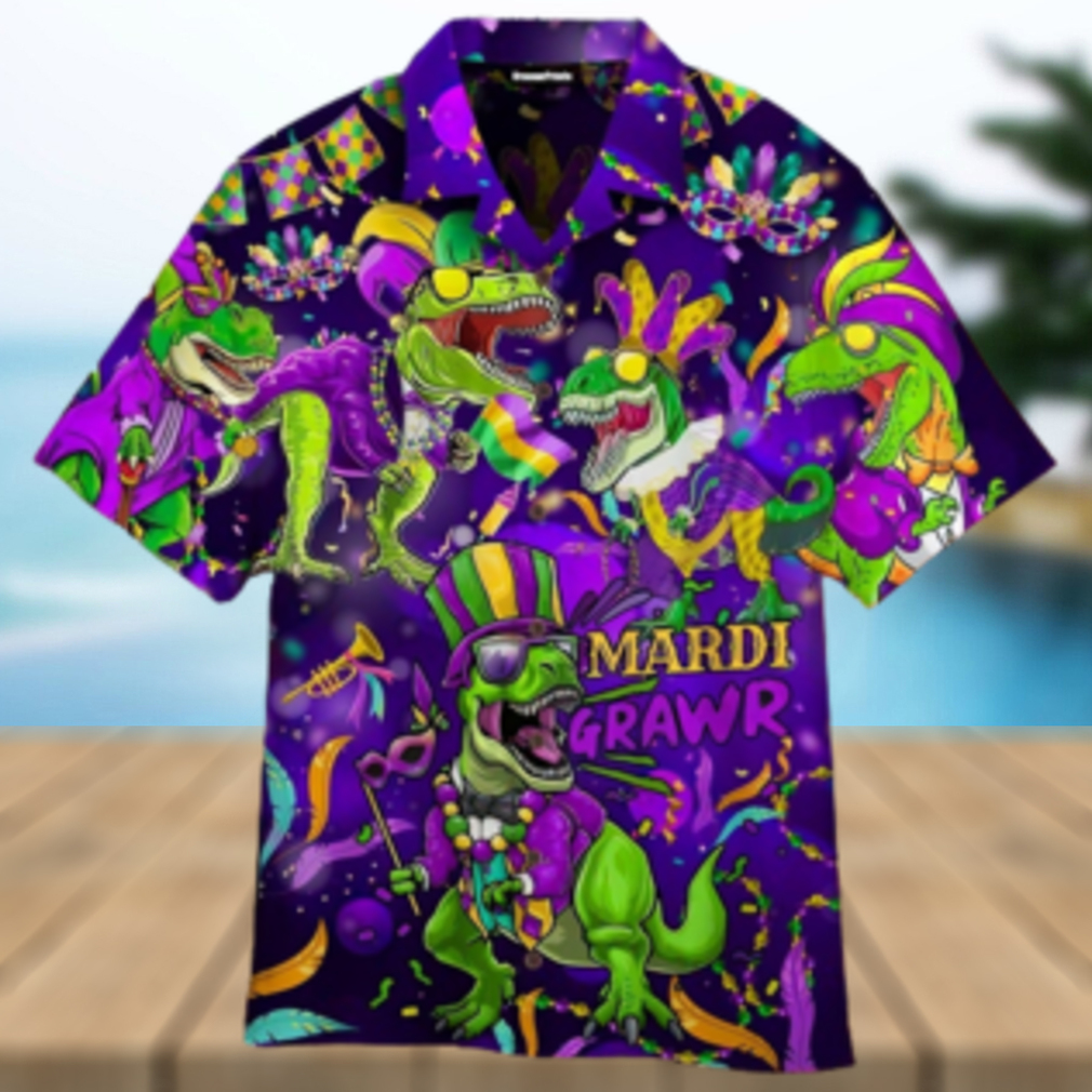 T Rex Dinosaur Mardi Gras Fat Tuesday Carnival Hawaiian Shirt - Limotees