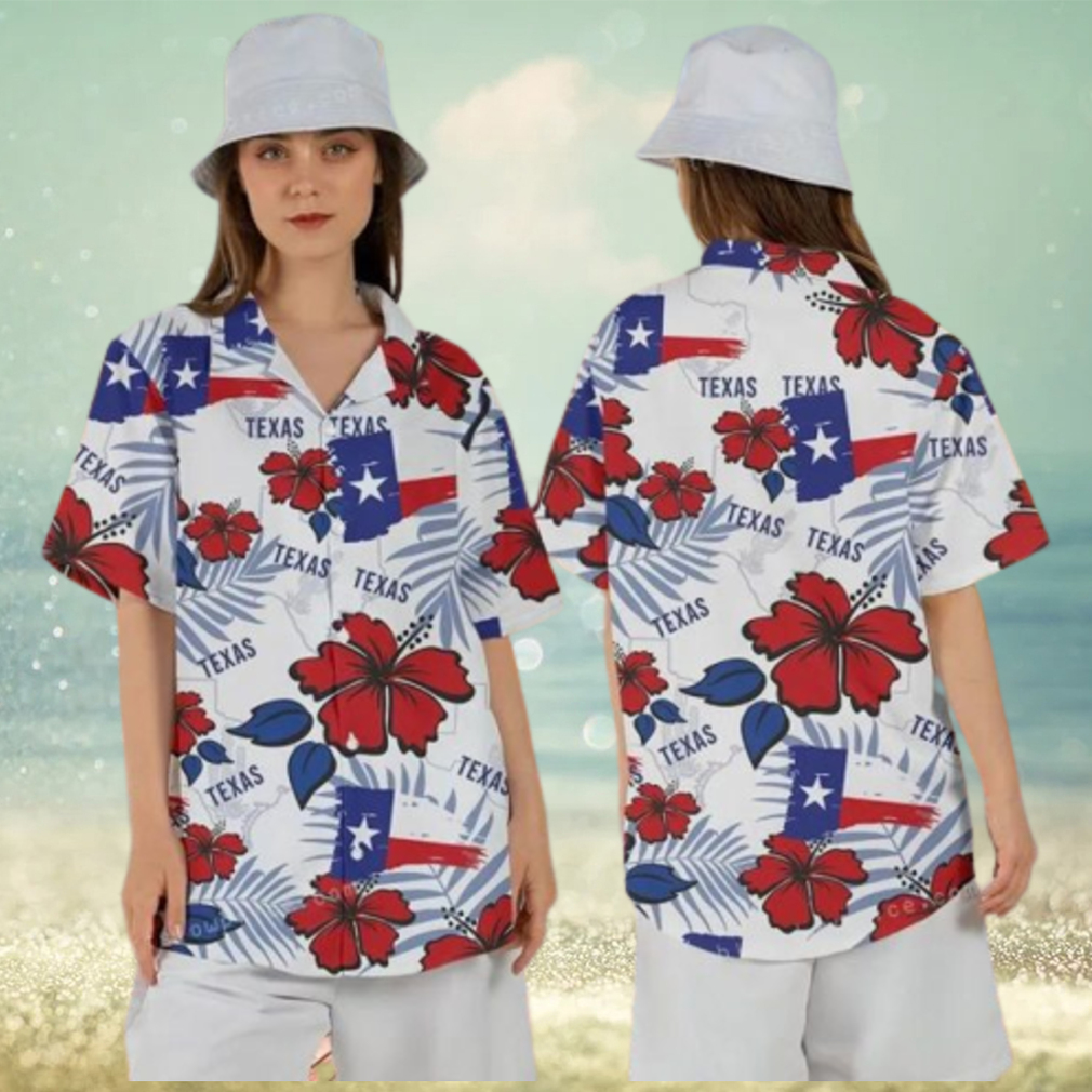 Texas Map And Flag Tropical Floral Hawaian Shirt For Women - Limotees