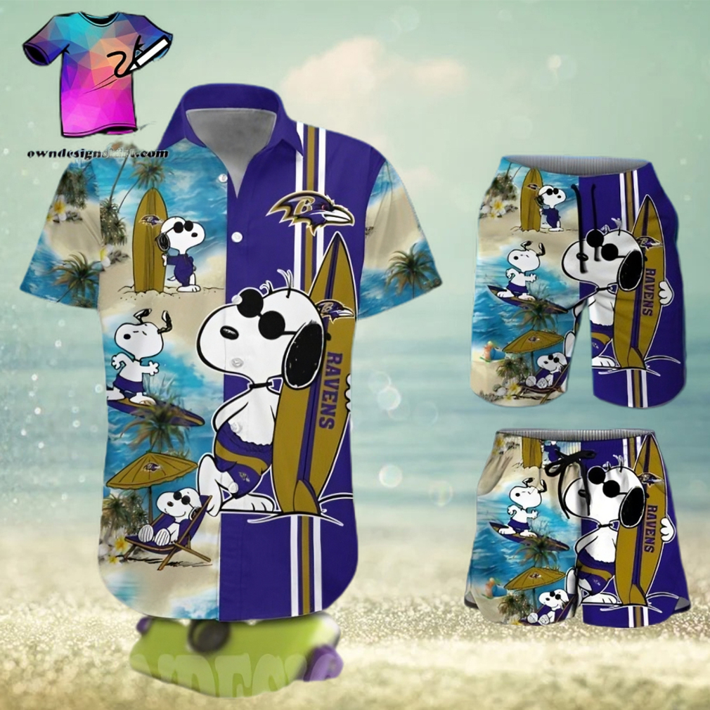 The best selling Baltimore Ravens Snoopy All Over Print Hawaiian Shirt And Beach Short - Limotees