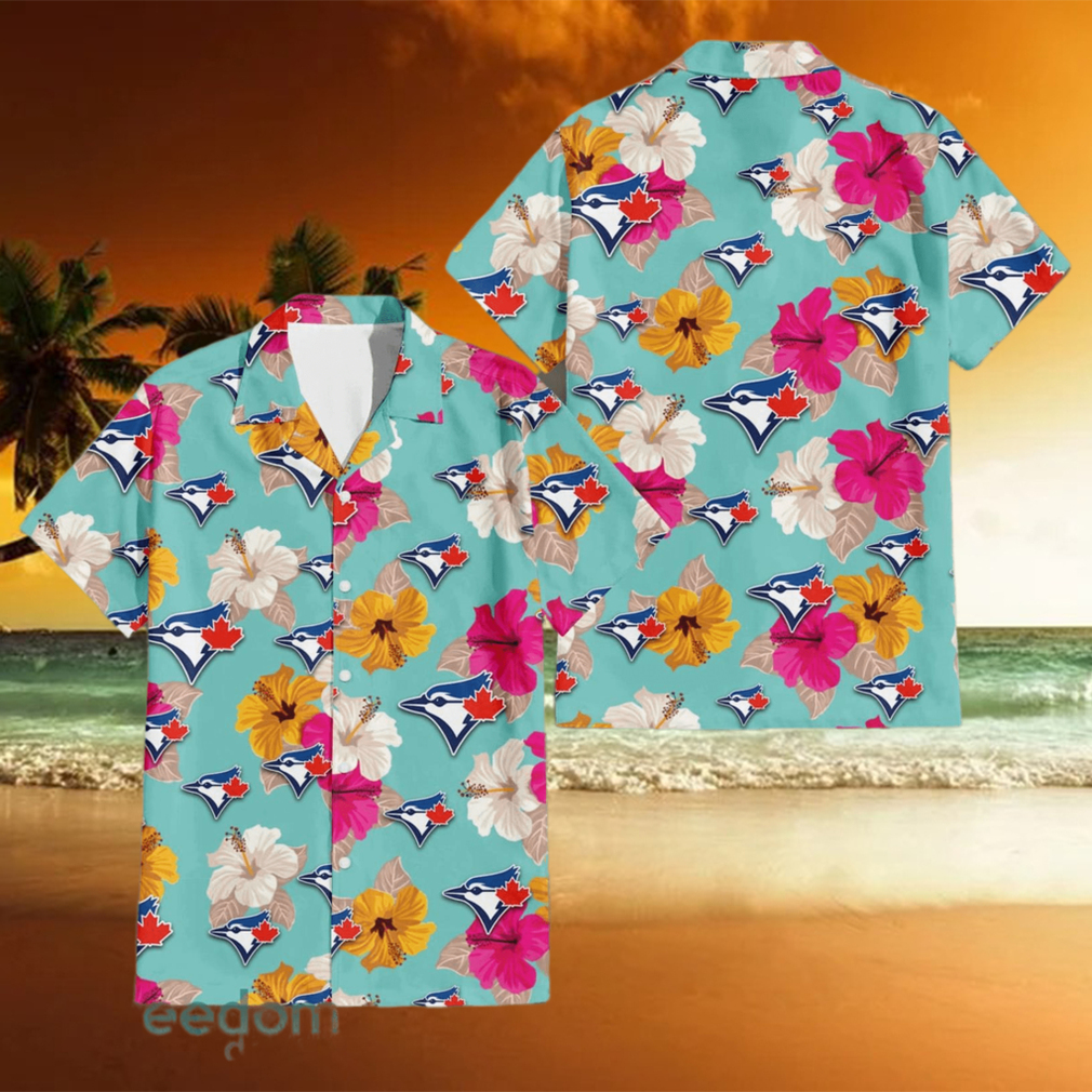 Toronto Blue Jays Pink Yellow White Hibiscus Pattern Tropical Hawaiian Shirt - Limotees