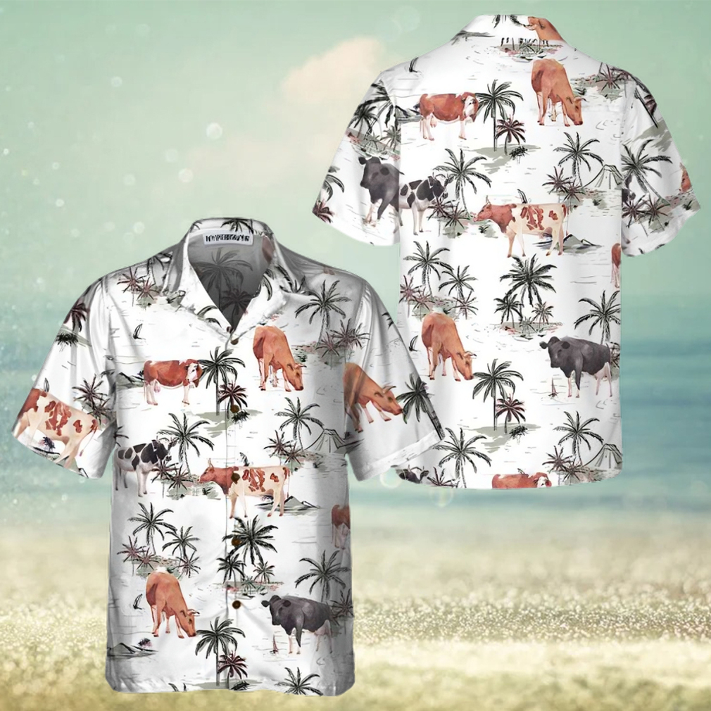 Tropical Island And Cows Pattern Cow Hawaiian Shirt, Tropical Cow Shirt For Men And Women, Cow Print Shirt - Limotees