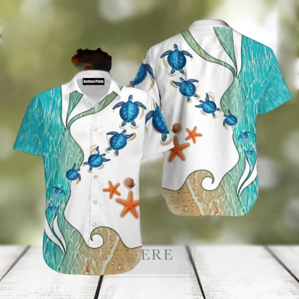 Turtle Beach Starfish Blue And White Aloha Hawaiian Shirt - Limotees