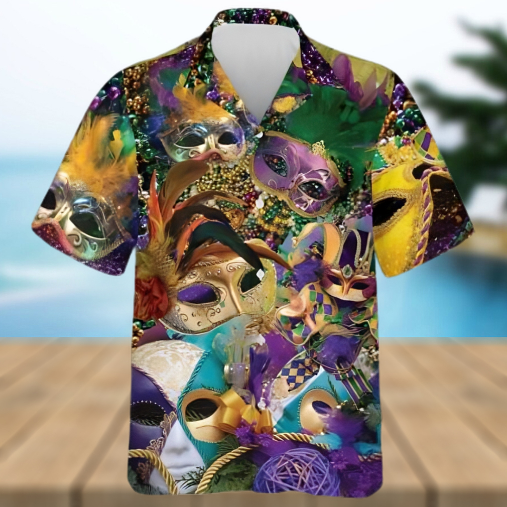 Unique Mardi Gras Hawaiian Shirt Colorful Mask Beads Fat Tuesday Outfit 3D Shirt - Limotees