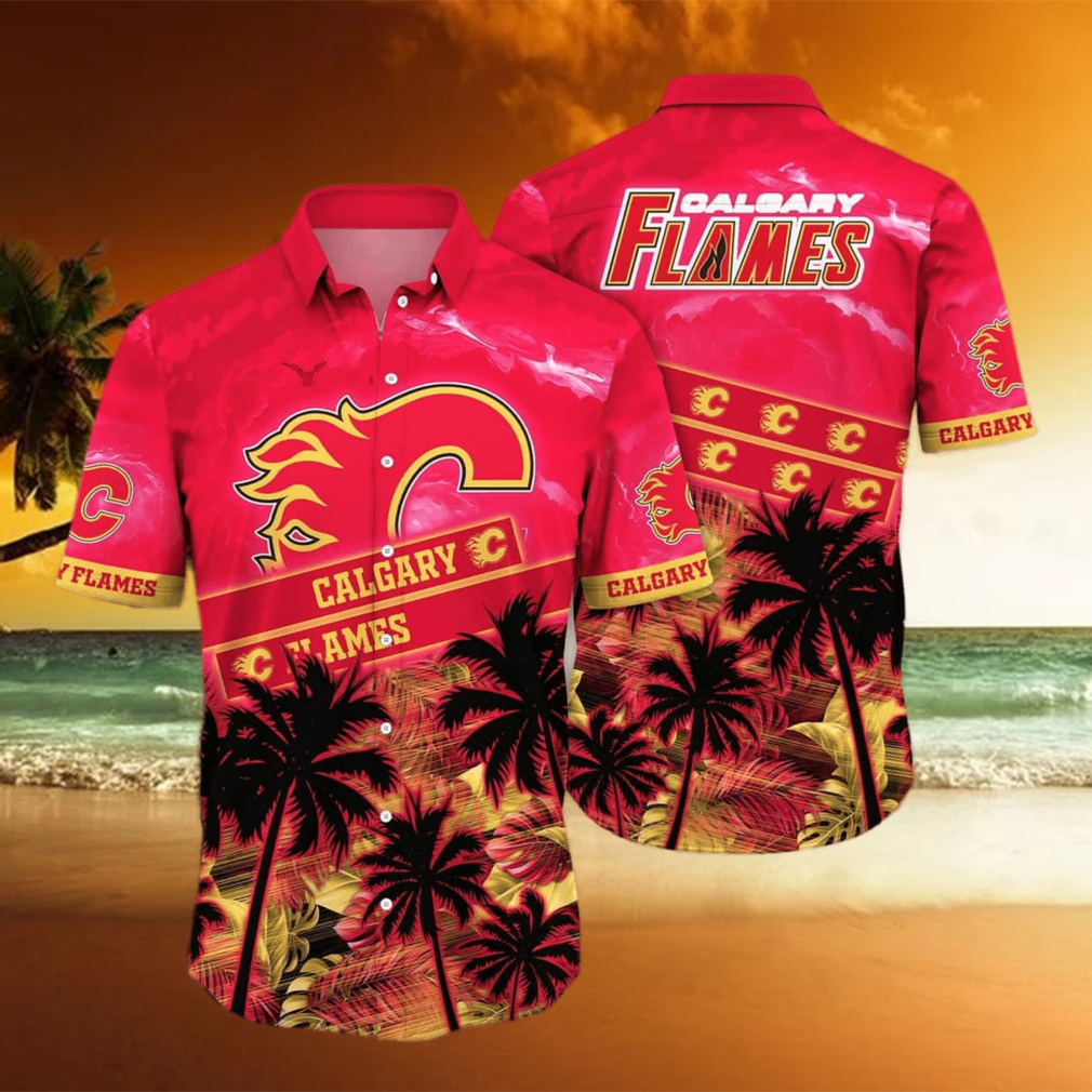 Vintage Aloha NHL Calgary Flames Hawaiian Shirt Palm Trees Beach Lovers Gift hawaiian shirt - Limotees