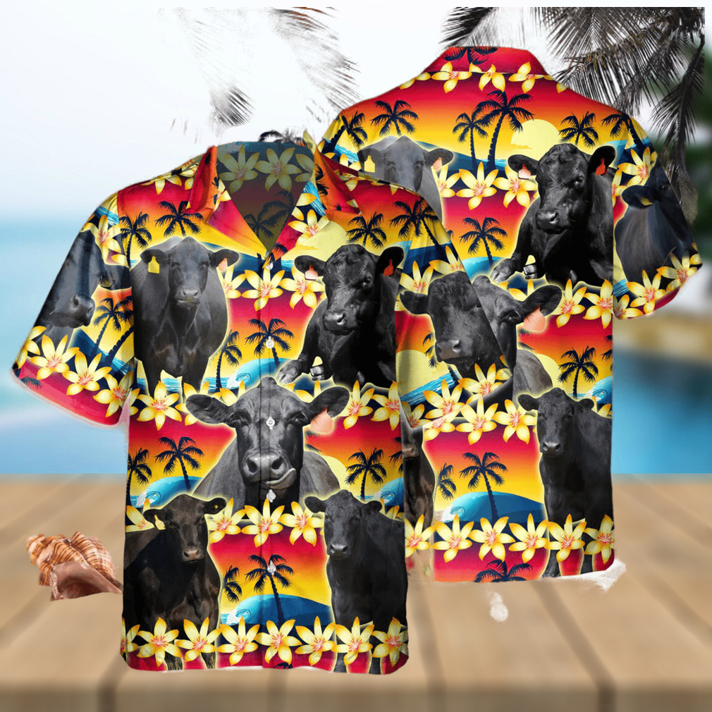 Vintage Black Angus Tropical Sunset Hibiscus And Palm Tree All Over Printed 3D Hawaiian Shirt - Limotees