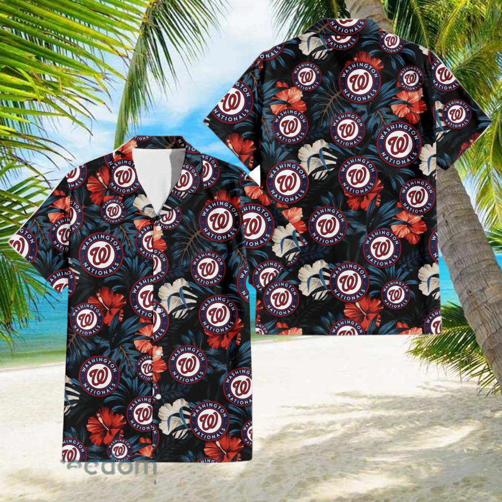 Washington Nationals Red And White Hibiscus Dark Leaf Black Background 3D Hawaiian Shirt - Limotees