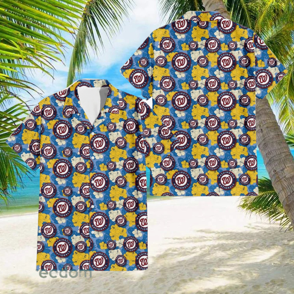 Washington Nationals Yellow White Hibiscus Powder Blue Background 3D Hawaiian Shirt - Limotees