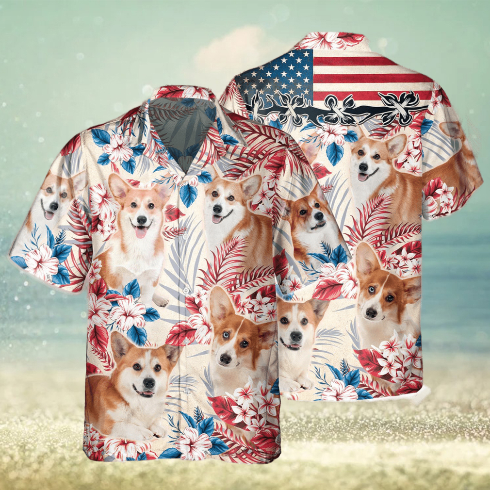 Welsh Corgi Dog United States Flag Hawaiian Flowers All Over Printed 3D Hawaiian Shirt - Limotees