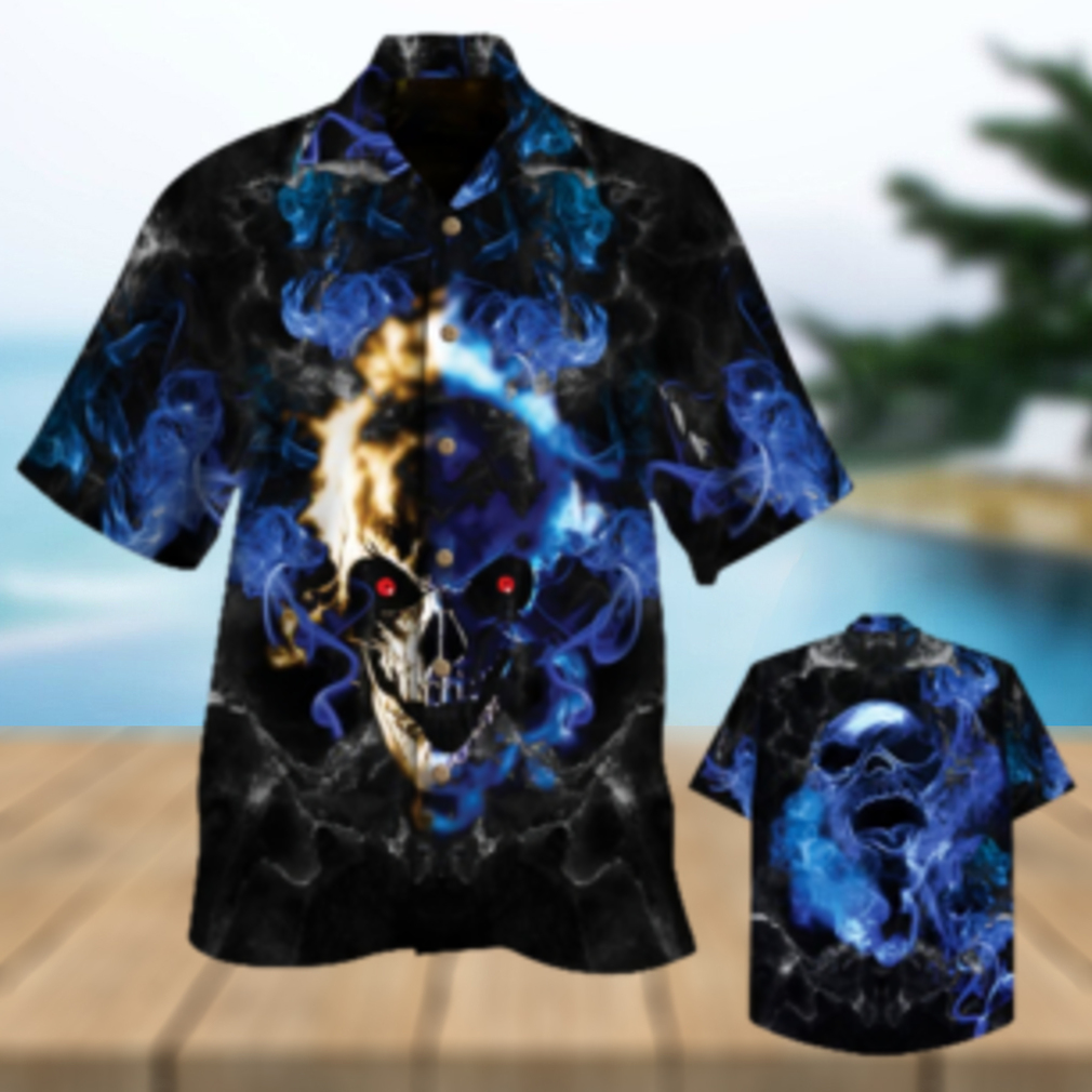 White And Blue Smoking Skull Hawaiian Shirt - Limotees