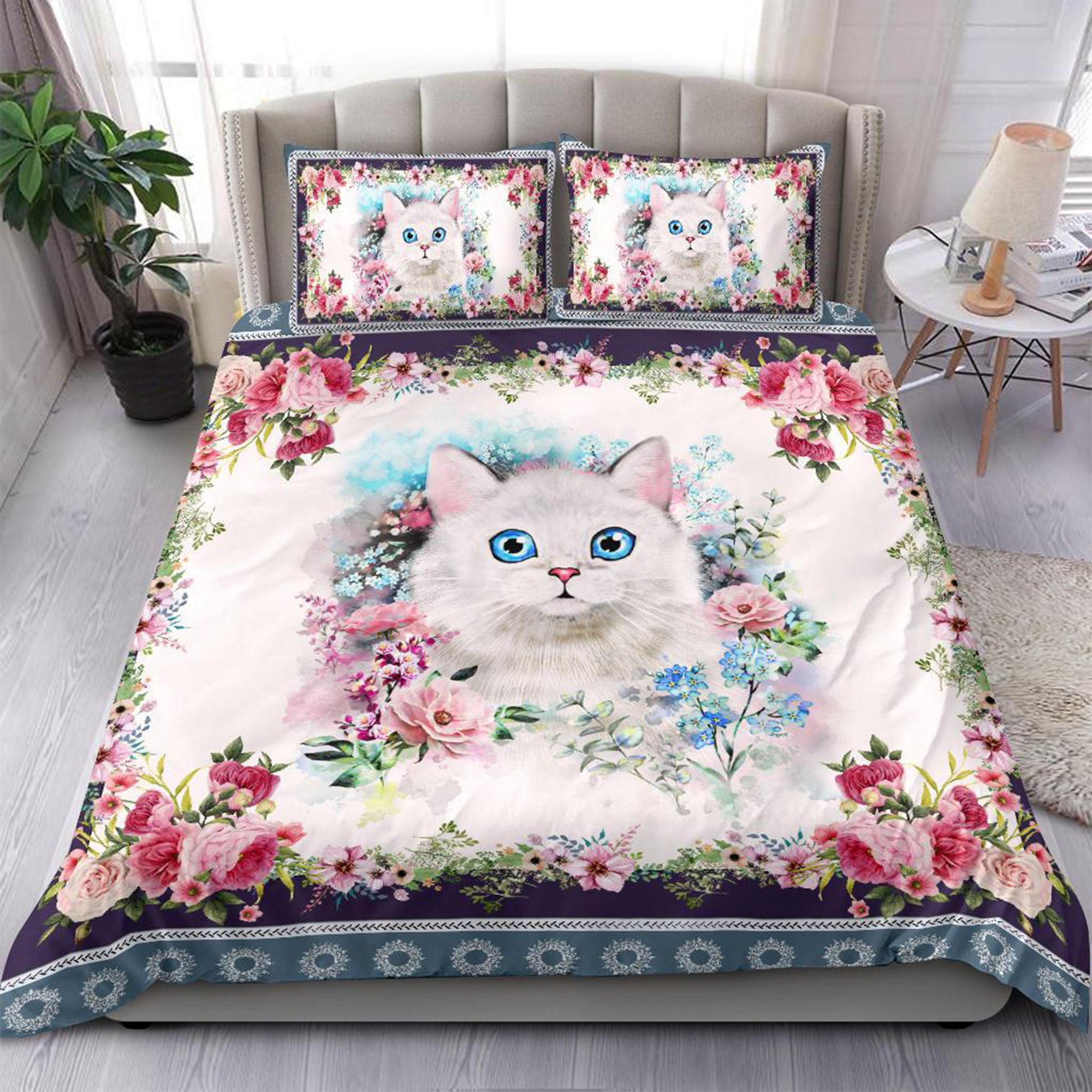 3d Beautiful White Cat On The Flower Cotton Bed Sheets Spread Comforter Duvet Cover Bedding Sets