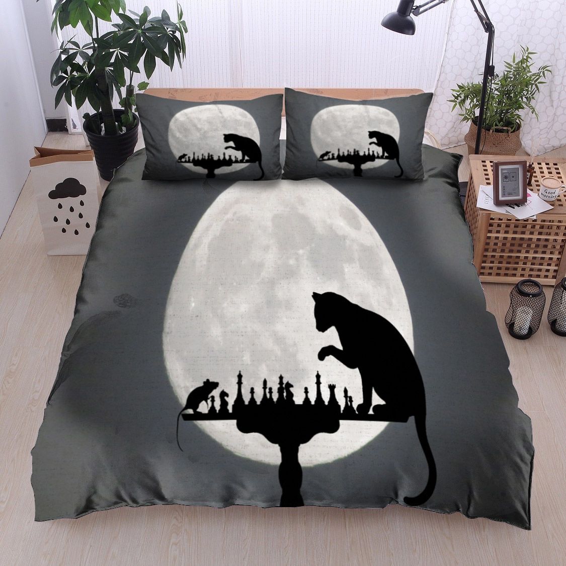 3d Cat And Mouse Playing Chess In The Moonlight Cotton Bed Sheets Spread Comforter Duvet Cover Bedding Sets