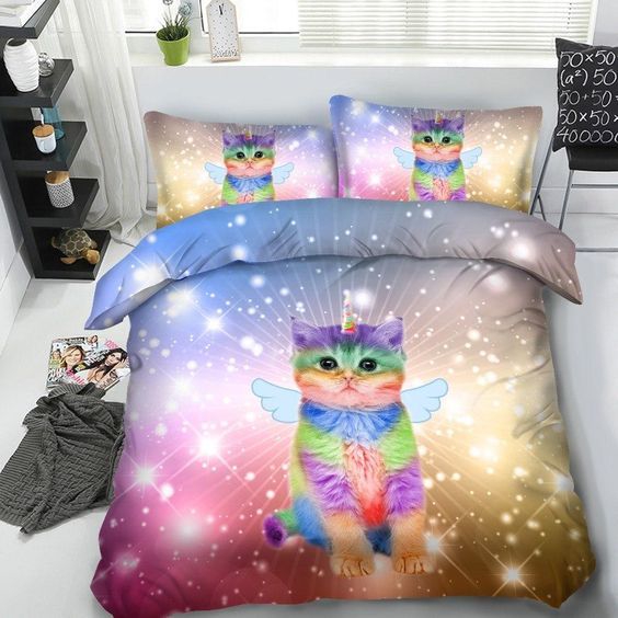 3d Galaxy Colorful Cat Unicorn Cotton Bed Sheets Spread Comforter Duvet Cover Bedding Sets