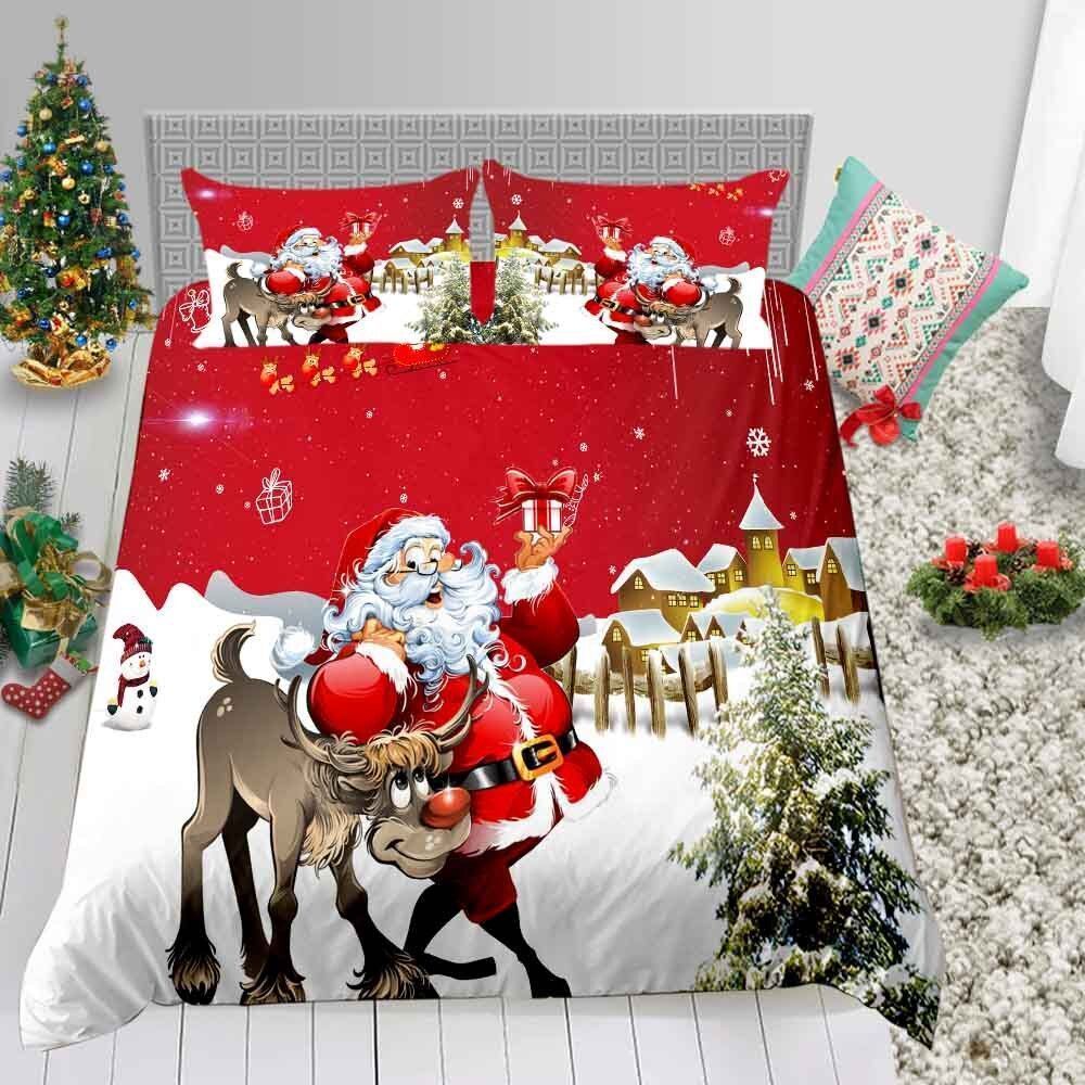 3d Merry Christmas Santa Claus And Reindeer Cotton Bed Sheets Spread Comforter Duvet Cover Bedding Sets