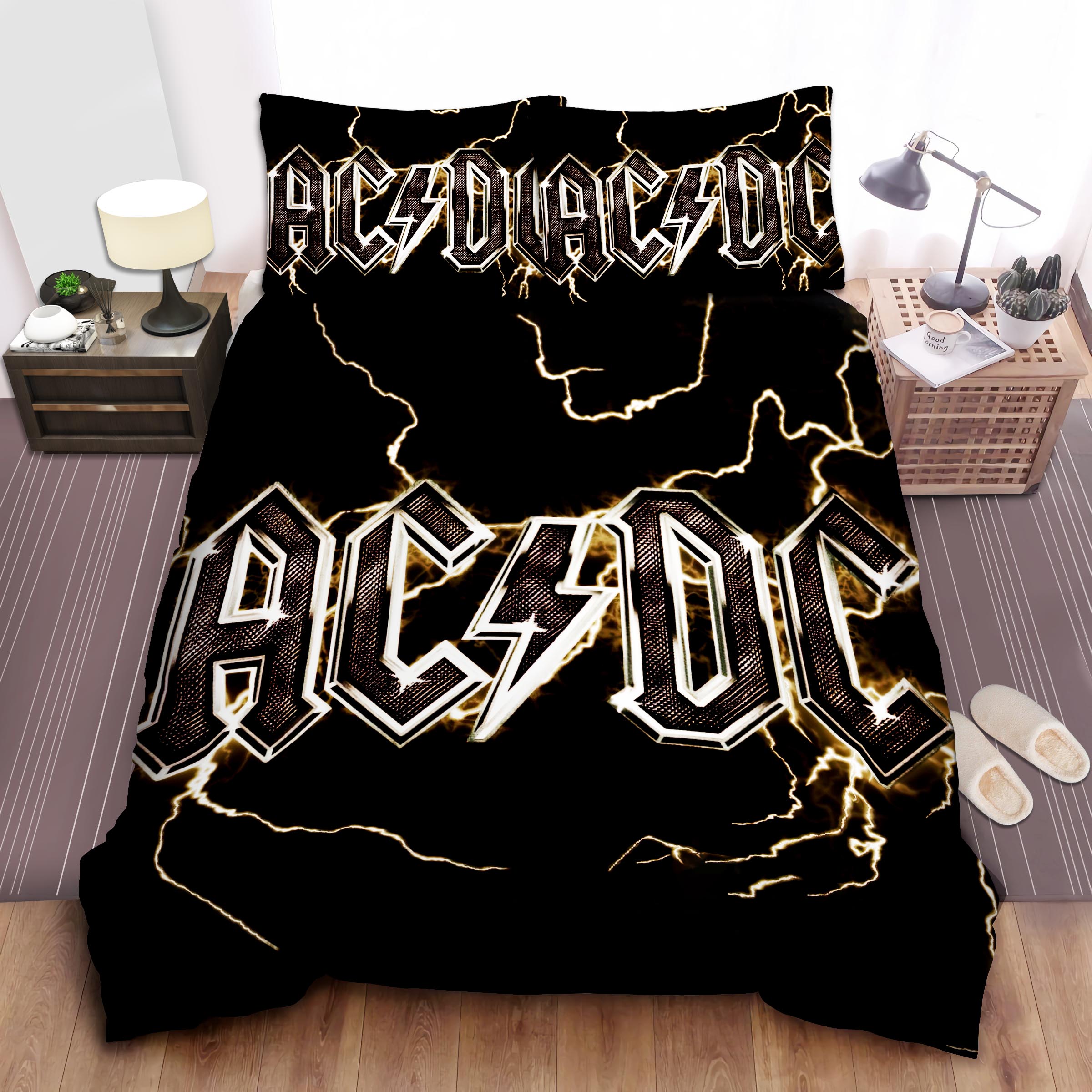 Acdc Name Logo On Thunder Background Art Bed Sheet Spread Comforter Duvet Cover Bedding Sets