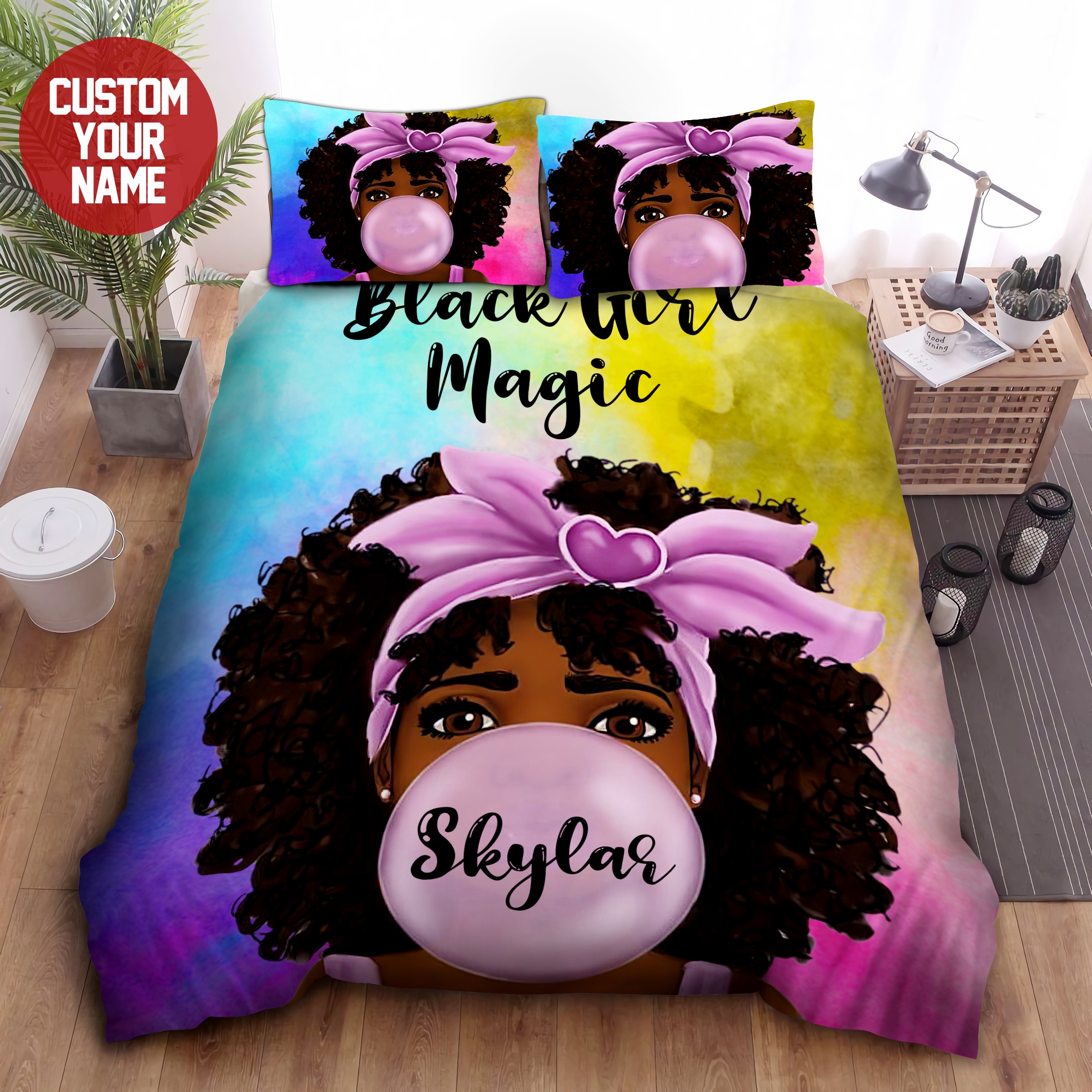 African American Black Baby Girl Magic Duvet Cover Bedding Set, Personalized Black Girl Magic Custom Name Duvet Cover Bedding Set