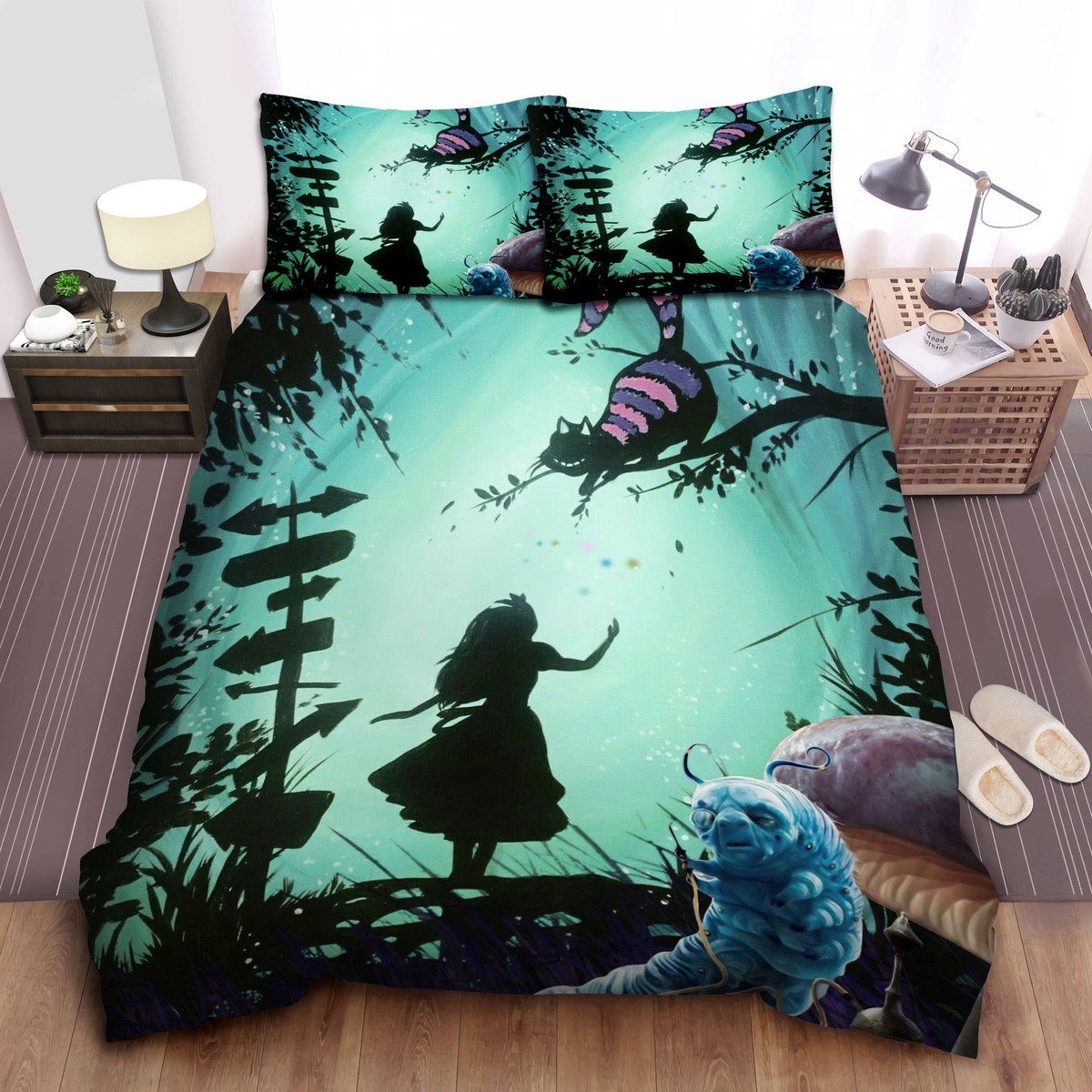 Alice In Wonderland, Asking Cheshire Cat, Blue Caterpillar Bed Sheets Spread Comforter Duvet Cover Bedding Sets