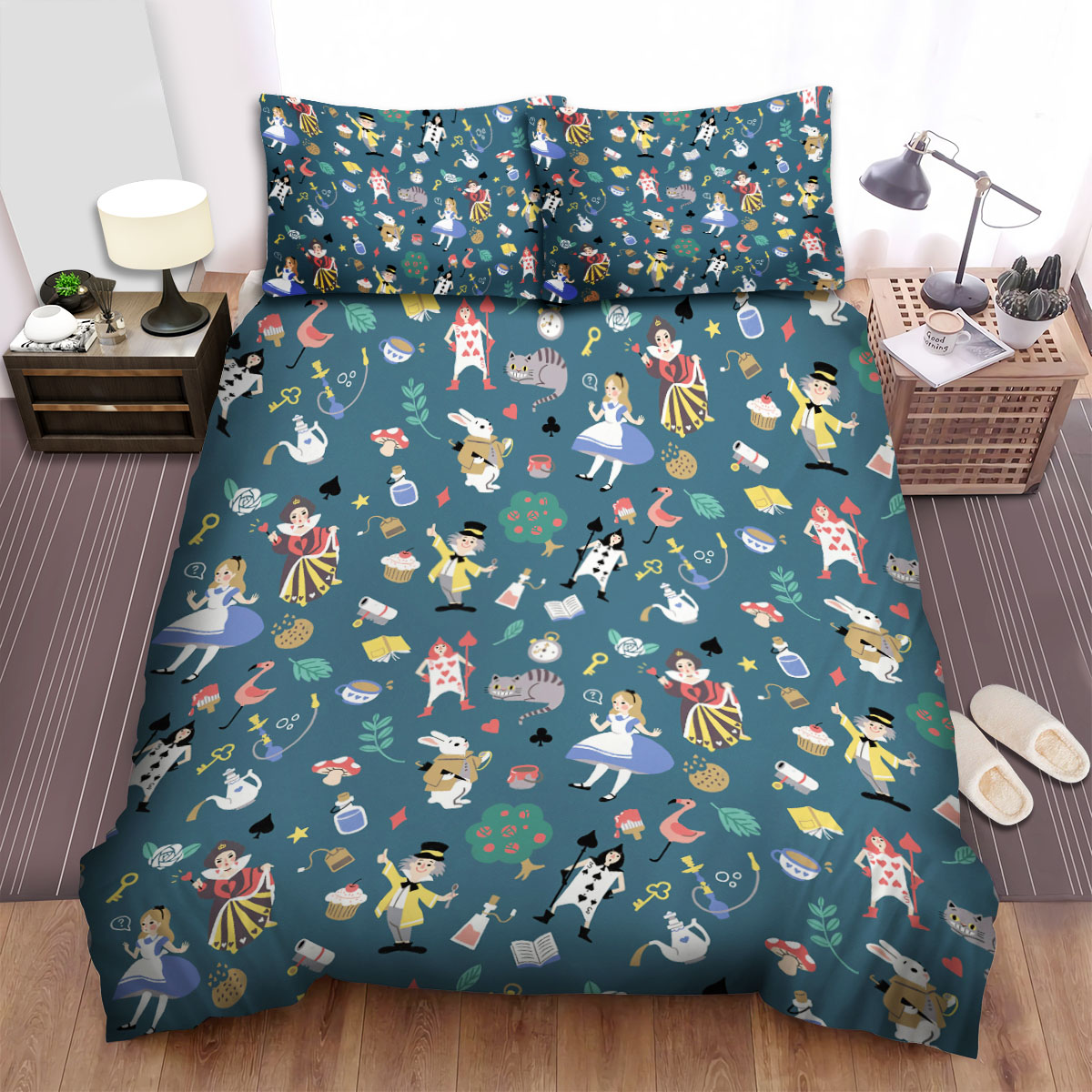 Alice In Wonderland Characters Doodles Pattern Bed Sheets Spread Duvet Cover Bedding Sets