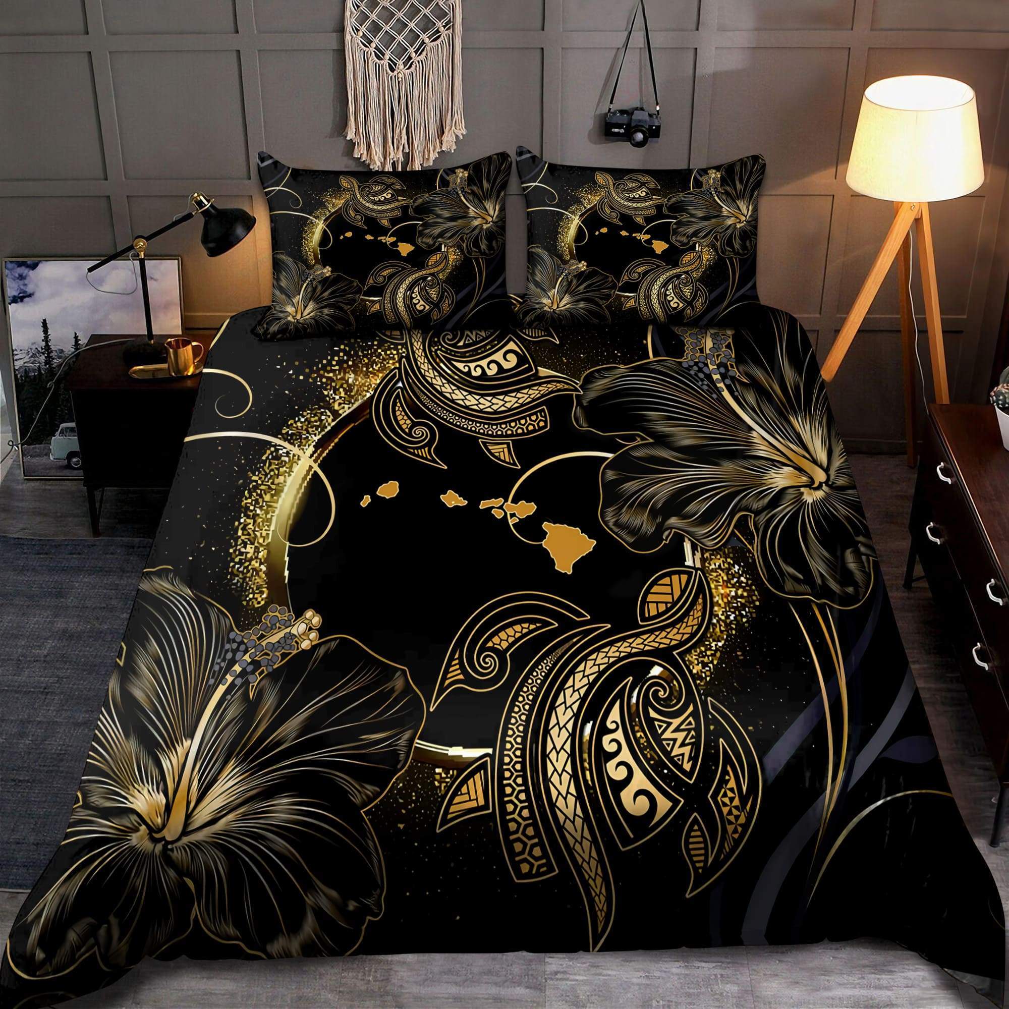 Amazing Polynesian Hawaii Turtle Golden Bed Sheets Duvet Cover Bedding Set